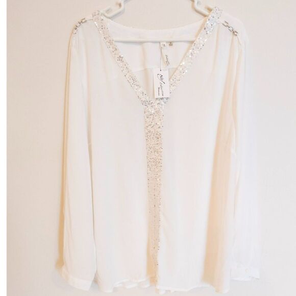 NY collection women's white sequin long sleeve blouse shirt size 3X NWT - Picture 1 of 4
